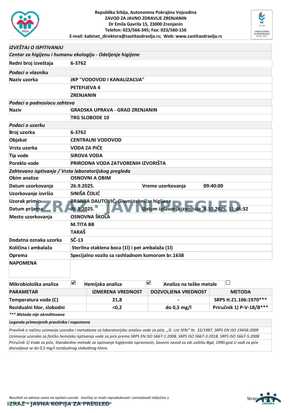 Izveštaj ZZJZ br. 3762 — Taraš: OSNOVNA ŠKOLA (26.9.2025.) — neispravan, strana 1