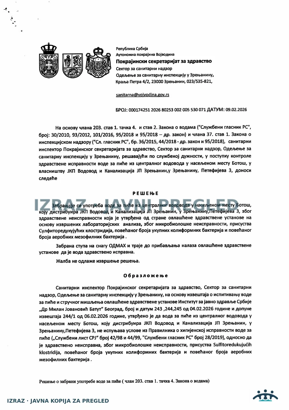 Botos-Zabrana upotrebe-Centralni vodovod-KOLSTRIDIJE-KOLIFORMNE I AM BAKTERIJE 09.02.2026, strana 1