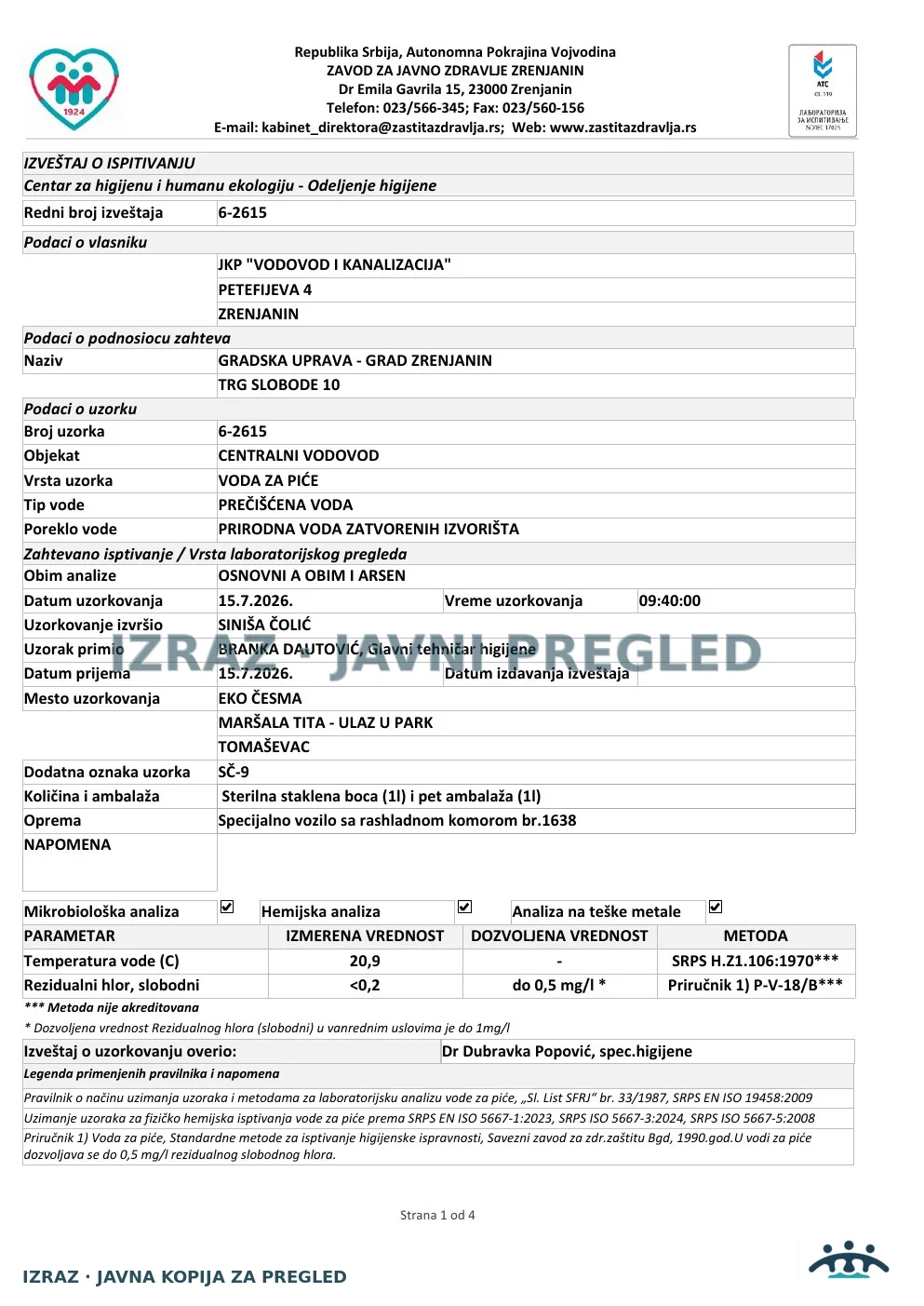 6-2615 · Tomaševac, EKO česma, Maršala Tita · uzorak 15.07.2026. · Izveštaj i mišljenje, strana 1