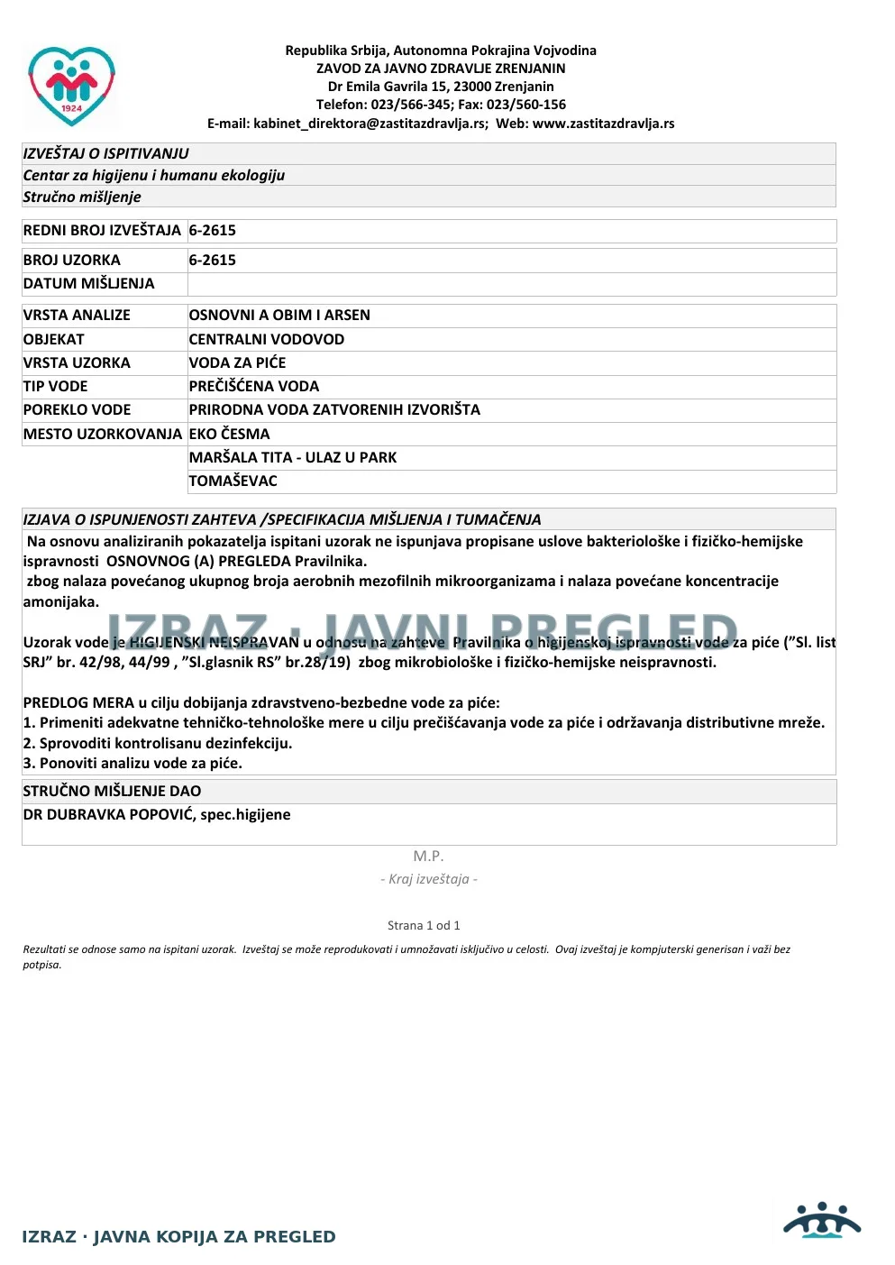6-2615 · Tomaševac, EKO česma, Maršala Tita · uzorak 15.07.2026. · Izveštaj i mišljenje, strana 5