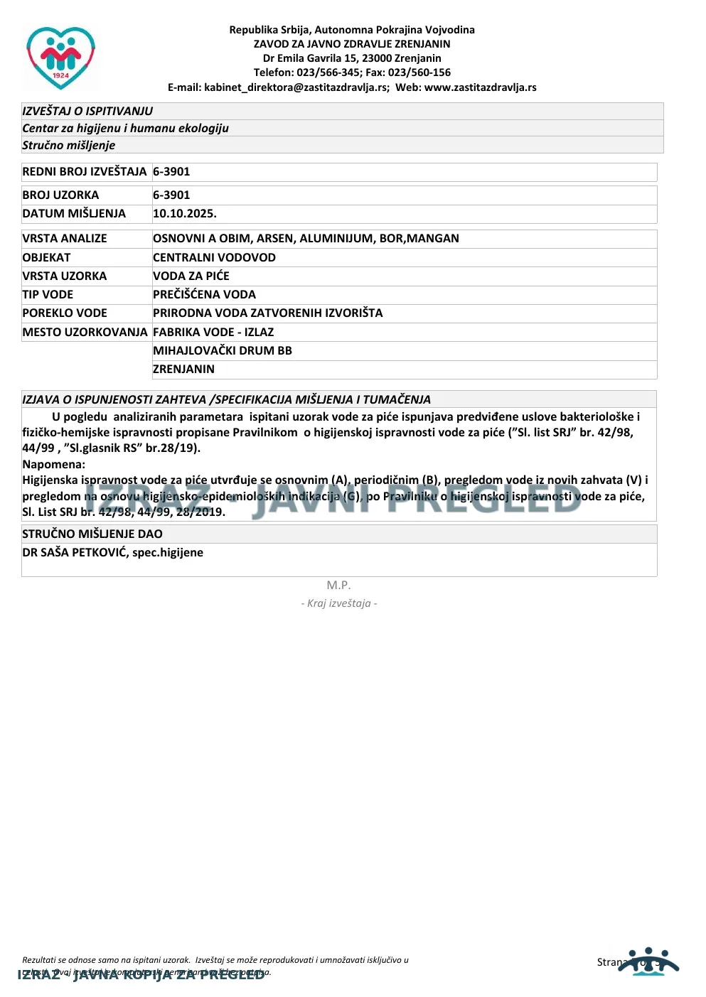 Izveštaj ZZJZ br. 3901 — Zrenjanin: FABRIKA VODE - IZLAZ (4.10.2025.) — ispravan, strana 5