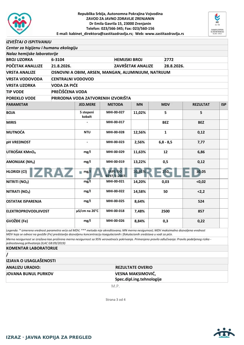 6-3104 · Gomex, Baranjska · uzorak 21.08.2026. · Izveštaj i mišljenje, strana 3