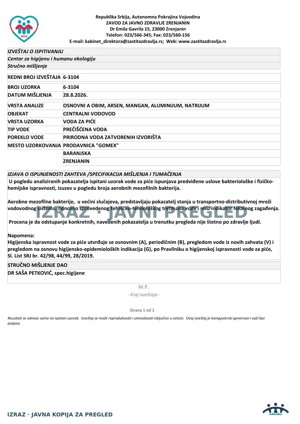6-3104 · Gomex, Baranjska · uzorak 21.08.2026. · Izveštaj i mišljenje, strana 5