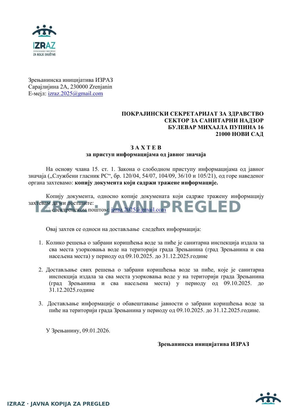 IZRAZ-Informacija od javnog znacaja-Sanitarna inspekcija 09.01.2026, strana 1
