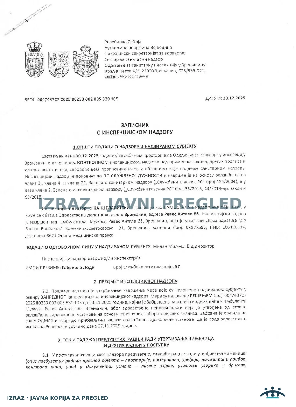 Zabrana vode za piće-Ambulanta MUZLJA-Kontrolni inspekcijski nadzor-30.12.2025, strana 1