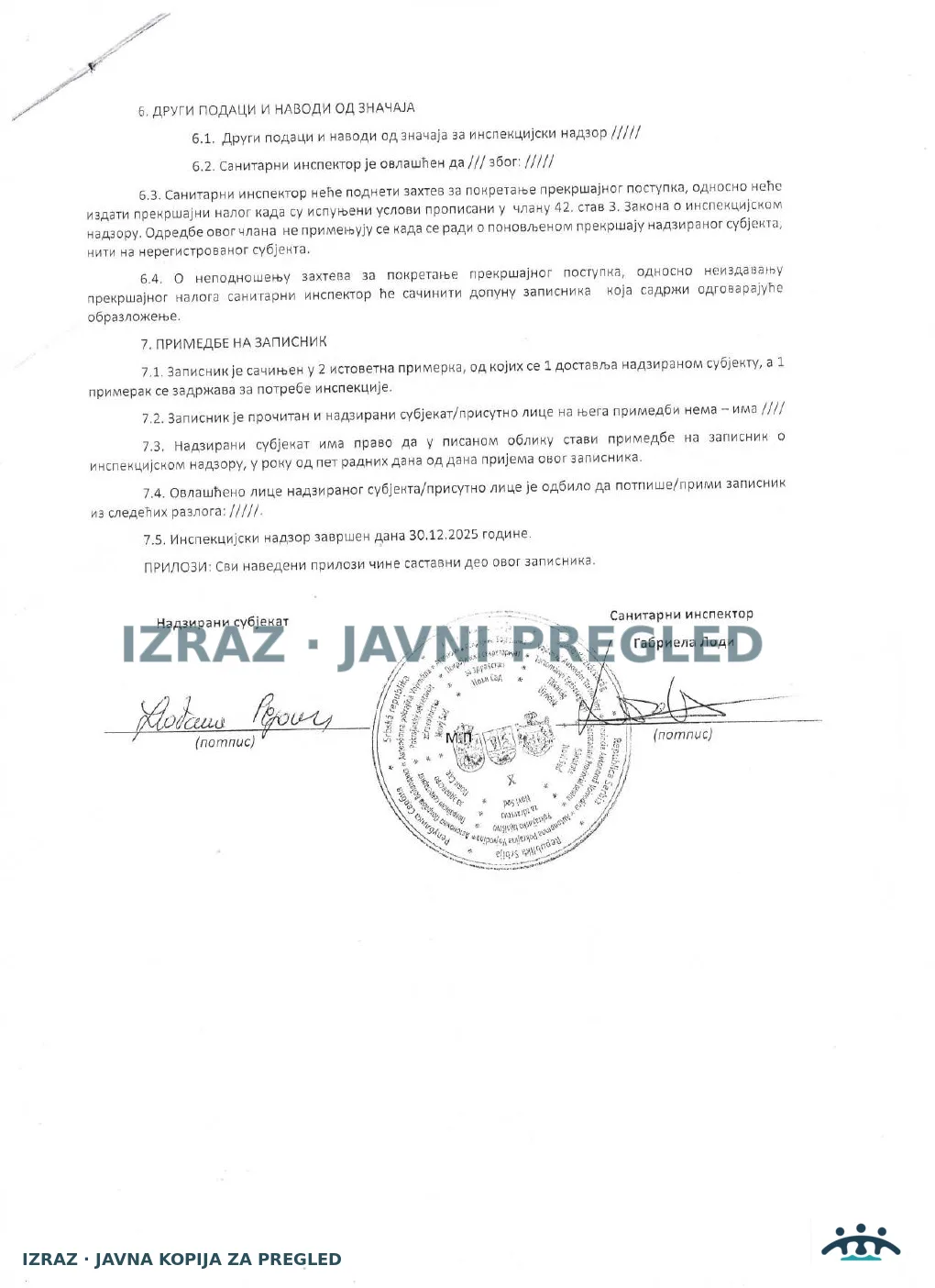 Zabrana vode za piće-Ambulanta MUZLJA-Kontrolni inspekcijski nadzor-30.12.2025, strana 3
