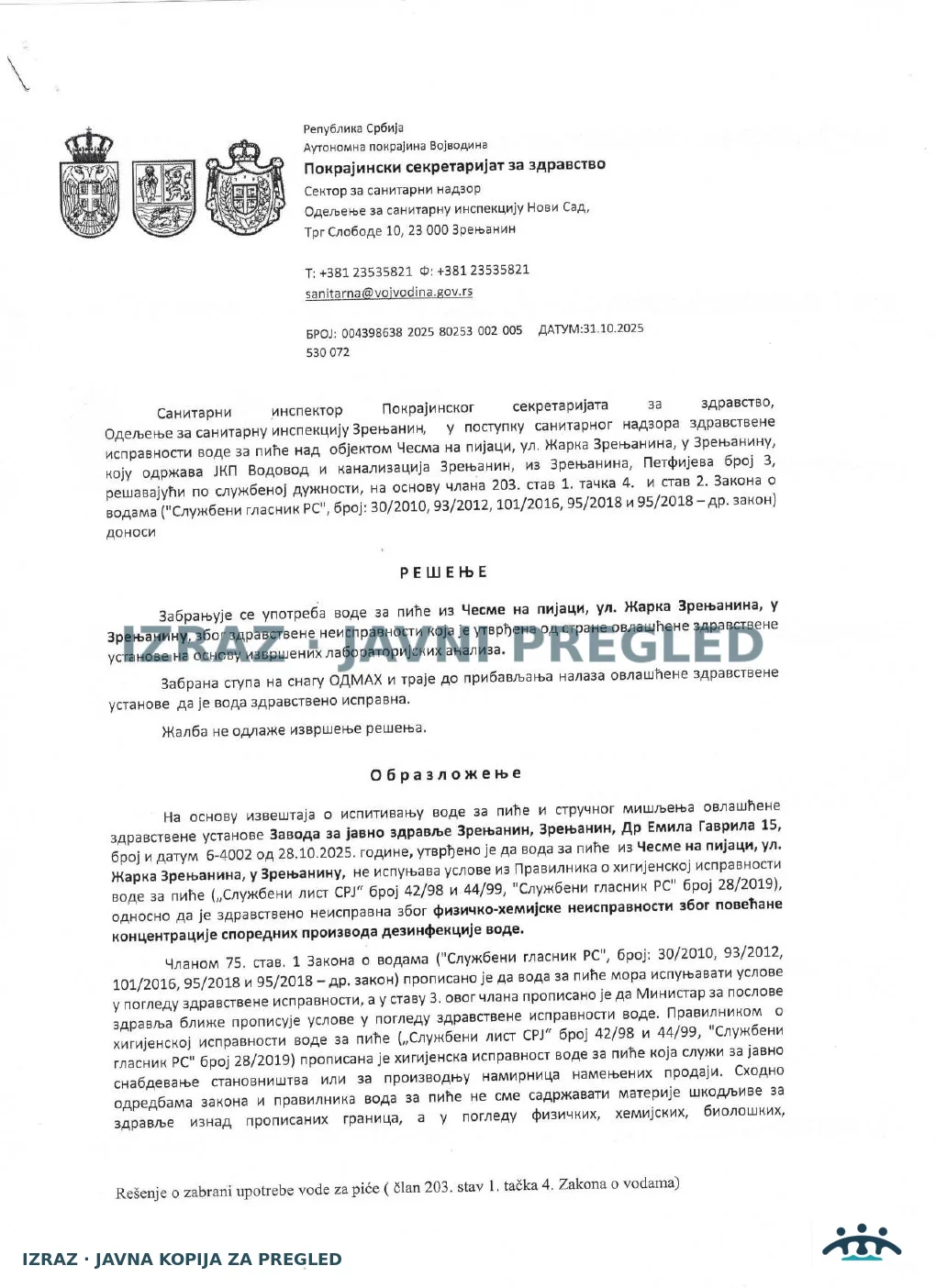 Zabrana vode za piće-Česma na pijaci-31.10.2025, strana 1