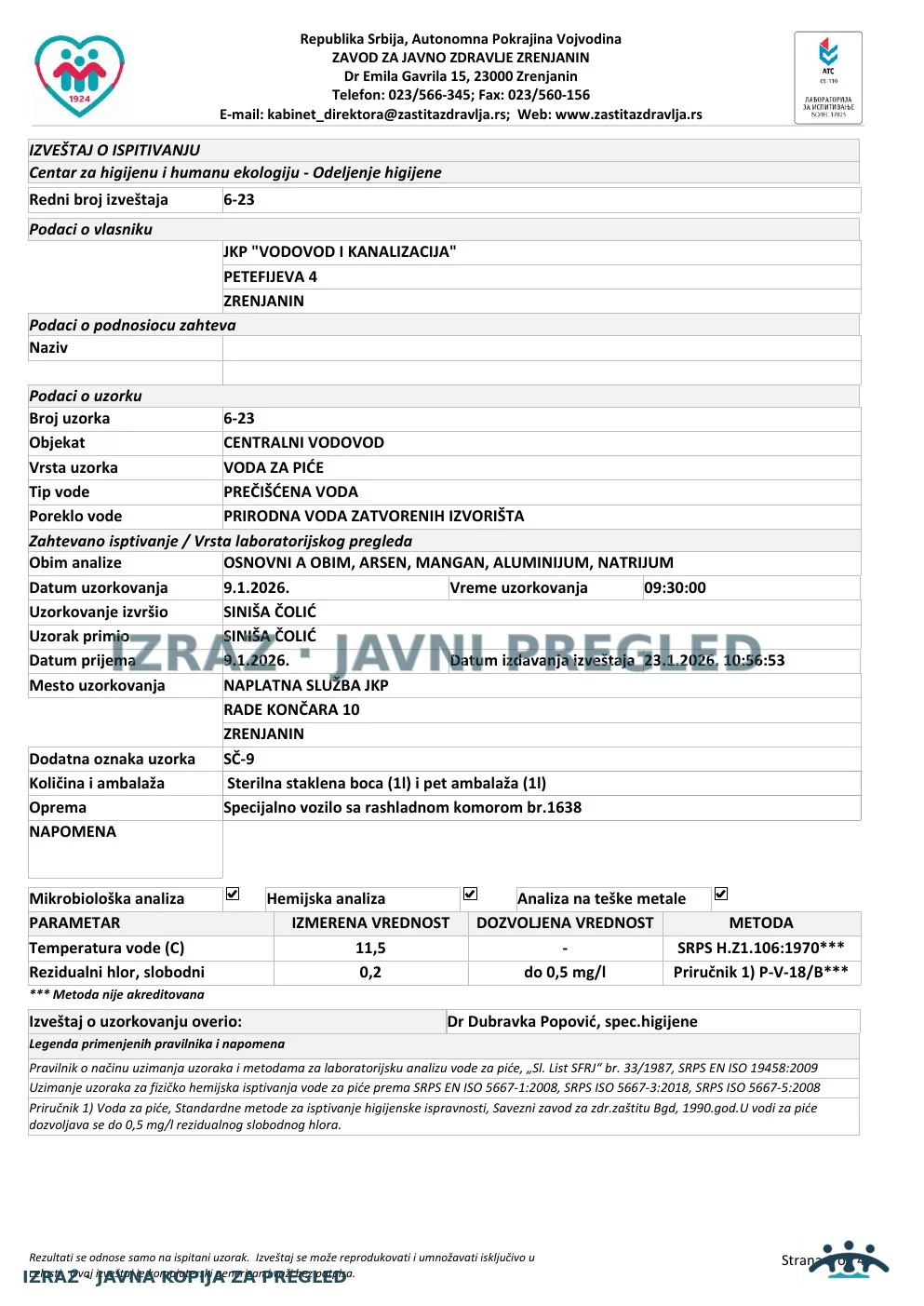 6-23 · Naplatna služba JKP VIK, Rade Končara 10 · uzorak 09.01.2026. · Laboratorijski izveštaj, strana 1