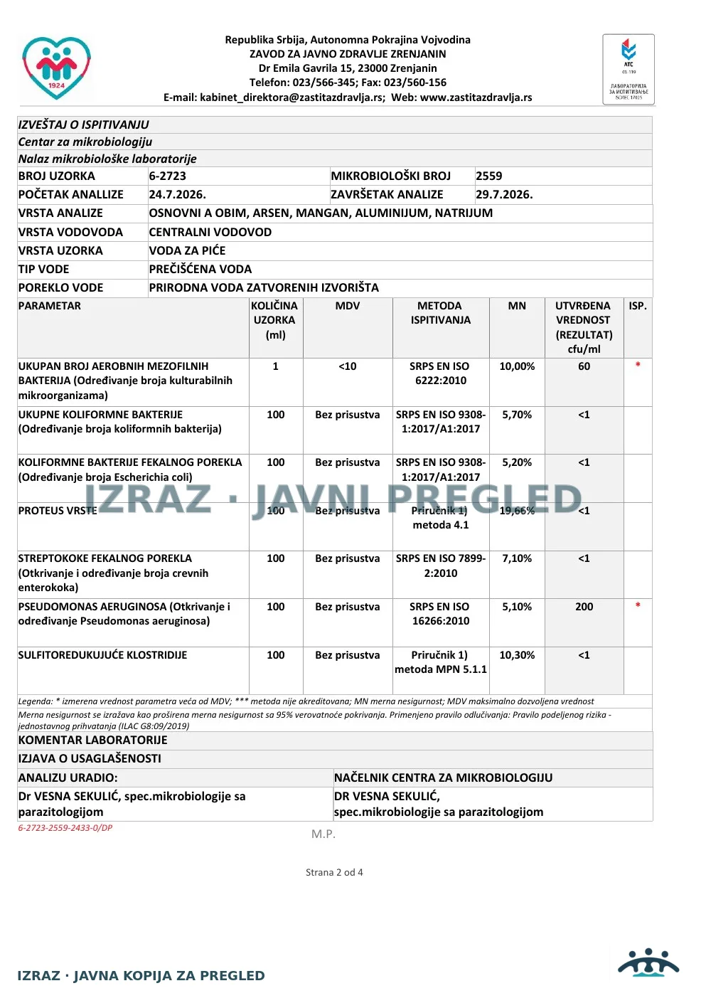 6-2723 · JKP VIK — upravna zgrada, česma u kuhinji, Petefijeva 4 · uzorak 24.07.2026. · Izveštaj i mišljenje, strana 2