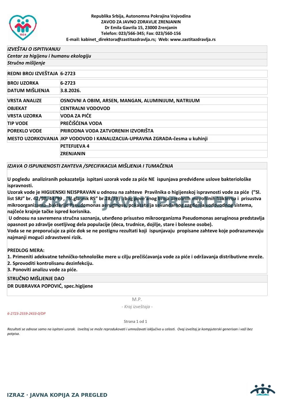 6-2723 · JKP VIK — upravna zgrada, česma u kuhinji, Petefijeva 4 · uzorak 24.07.2026. · Izveštaj i mišljenje, strana 5