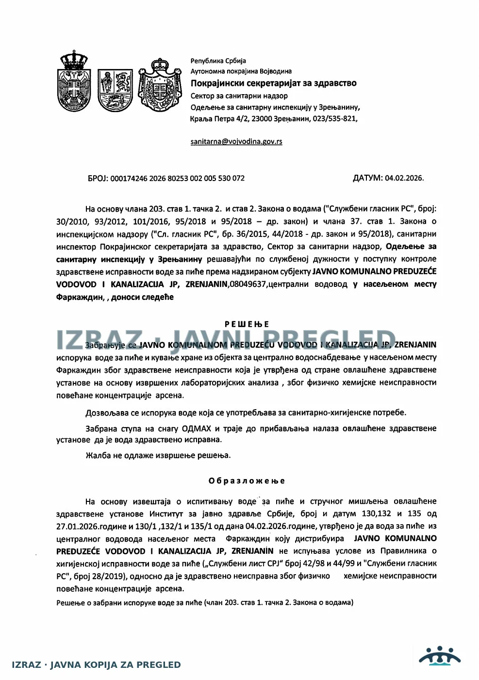 Farkaždin-Zabrana isporuke-Centralni vodovod-ARSEN 04.02.2026, strana 1