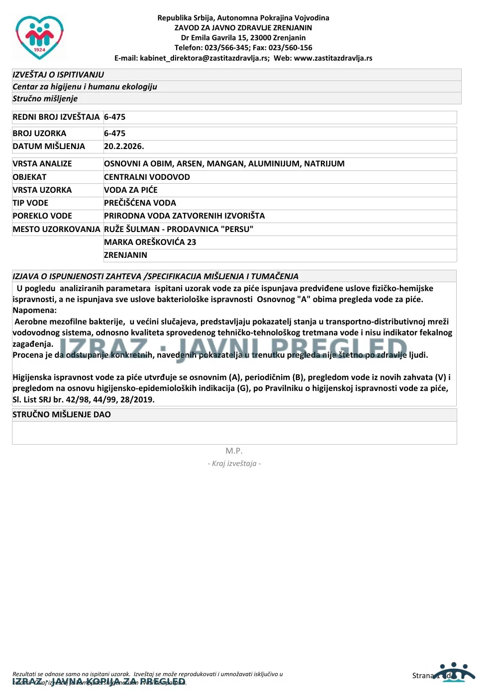 6-475 · PerSu — Ruže Šulman, Marka Oreškovića 23 · uzorak 06.02.2026. · Stručno mišljenje, strana 1