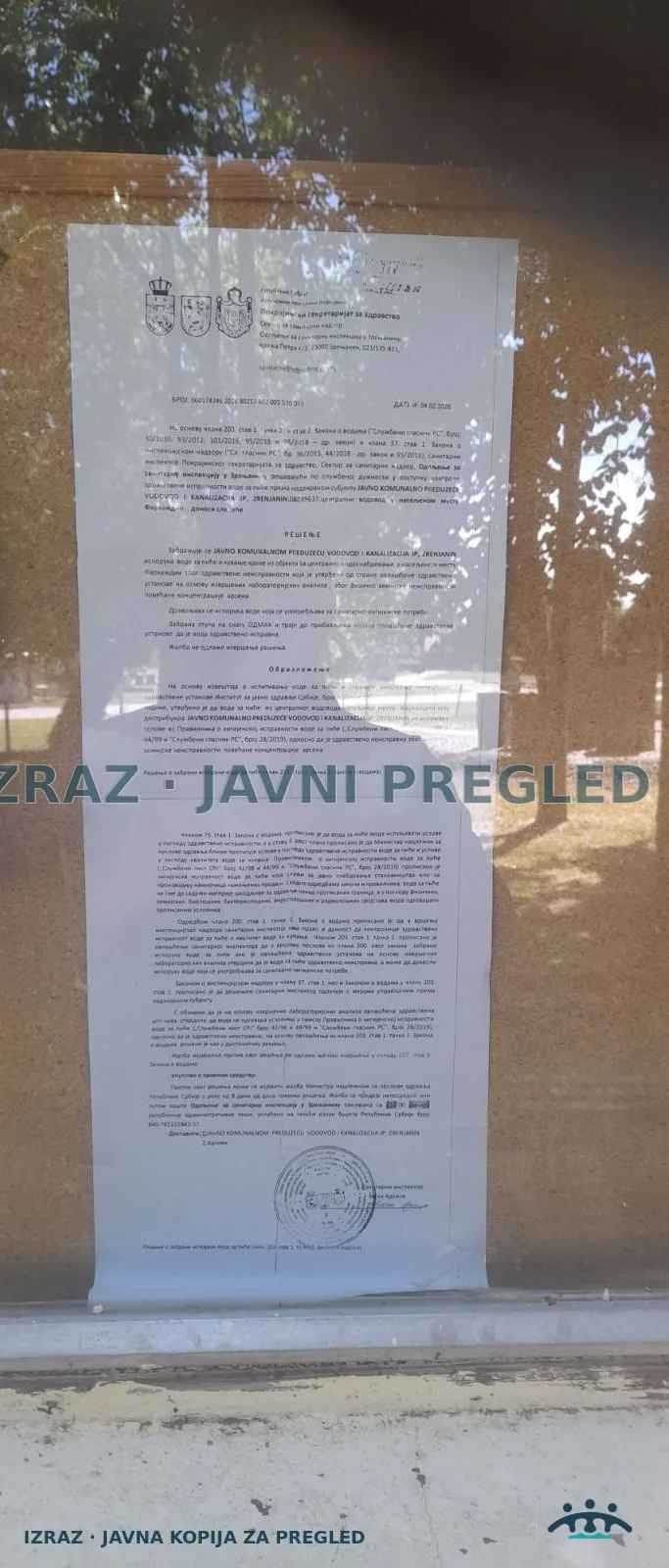 7 SI-Zabrana isporuke vode za piće i kuvanje hrane-FARKAZDIN-Arsen-RESENJE-2 04.02.2026, strana 1