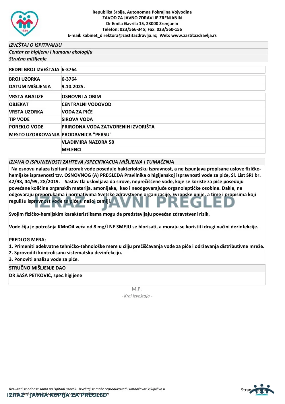 Izveštaj ZZJZ br. 3764 — Melenci: PRODAVNICA "PERSU" (26.9.2025.) — neispravan, strana 4