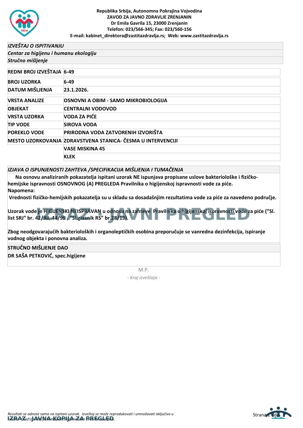 6-49 · Klek, Zdravstvena stanica — česma u intervenciji, Vase Miskina 45 · uzorak 14.01.2026. · Stručno mišljenje, strana 1