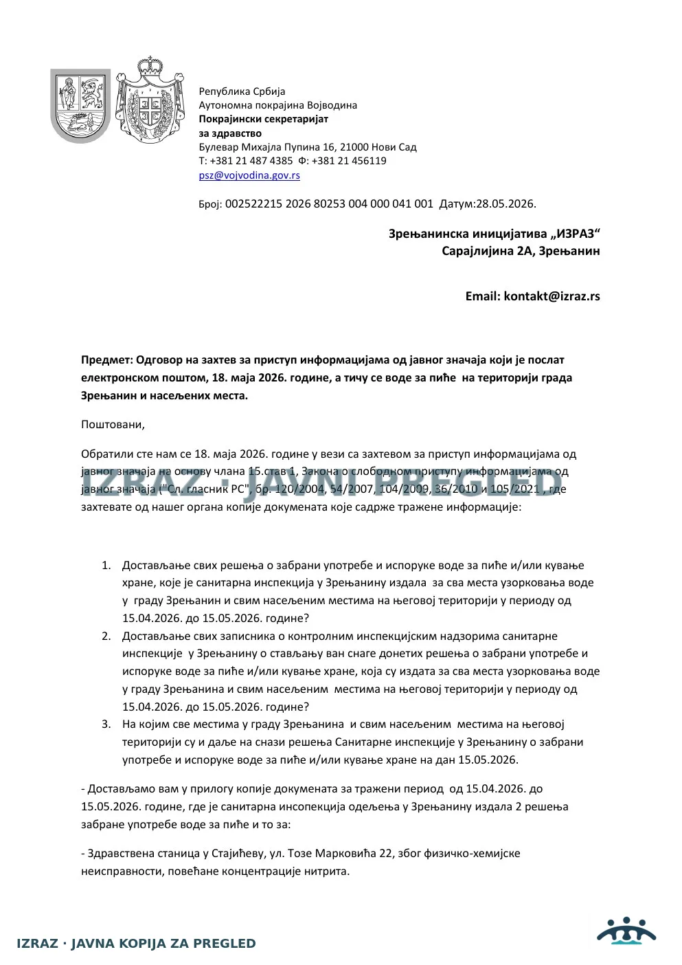 IZRAZ-Zahtev za informacijom Sanitarnoj inspekciji-ODGOVOR 28.05.2026, strana 1