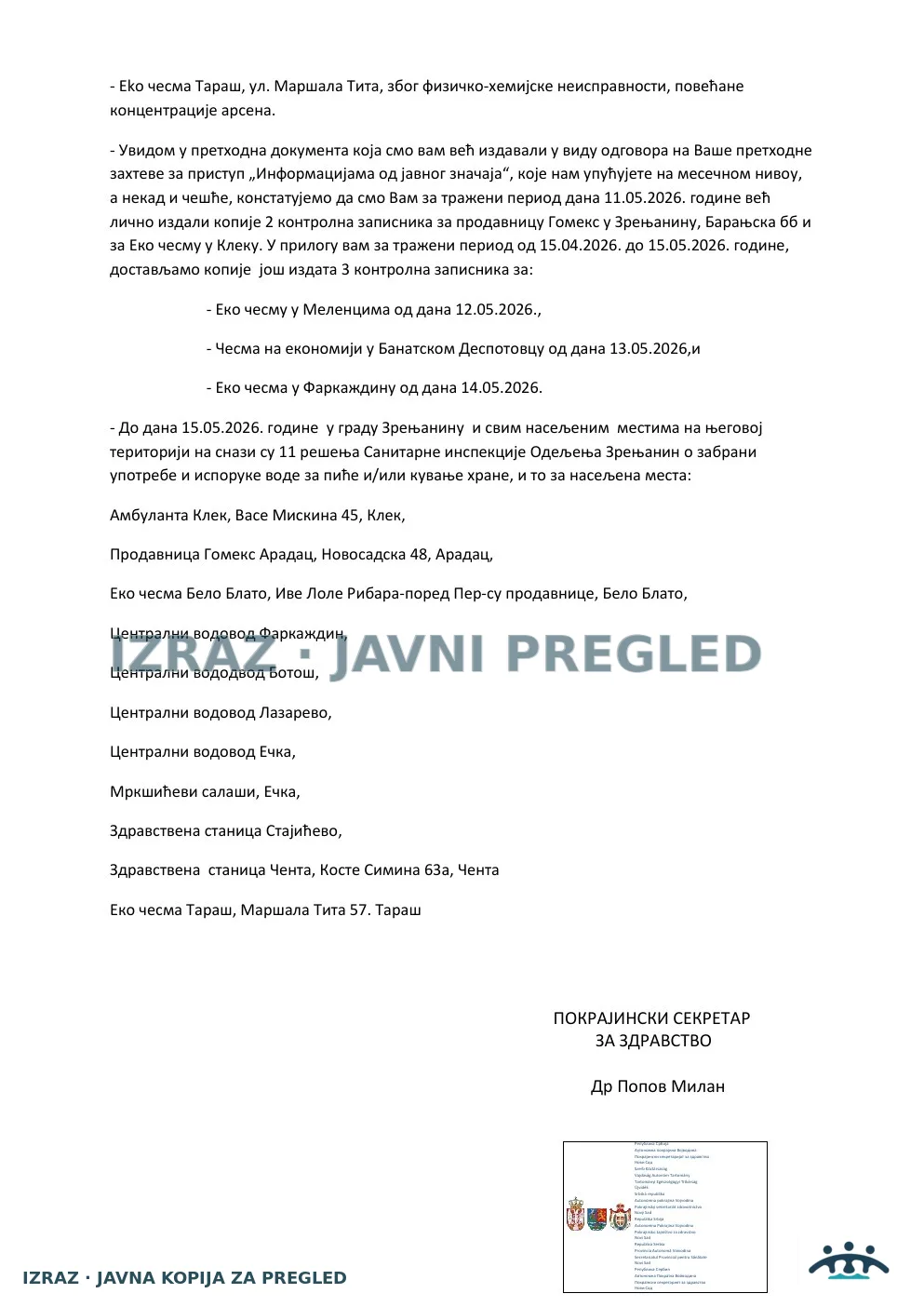 IZRAZ-Zahtev za informacijom Sanitarnoj inspekciji-ODGOVOR 28.05.2026, strana 2