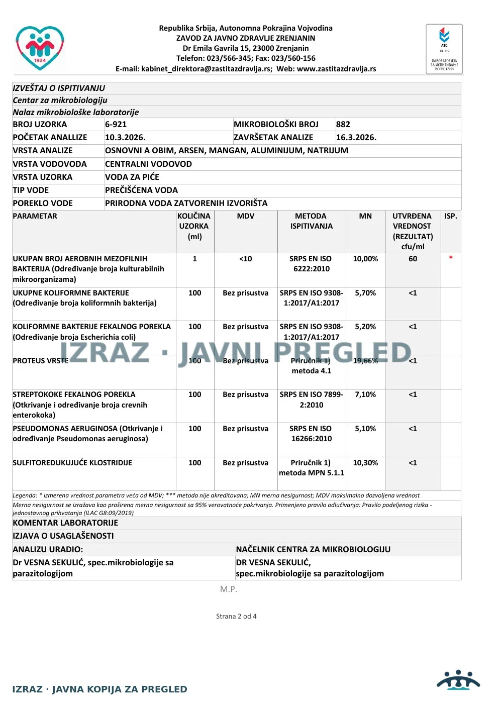 6-921 · Family Garden SUR, Stražilovska 36 · uzorak 10.03.2026. · Izveštaj i mišljenje, strana 2