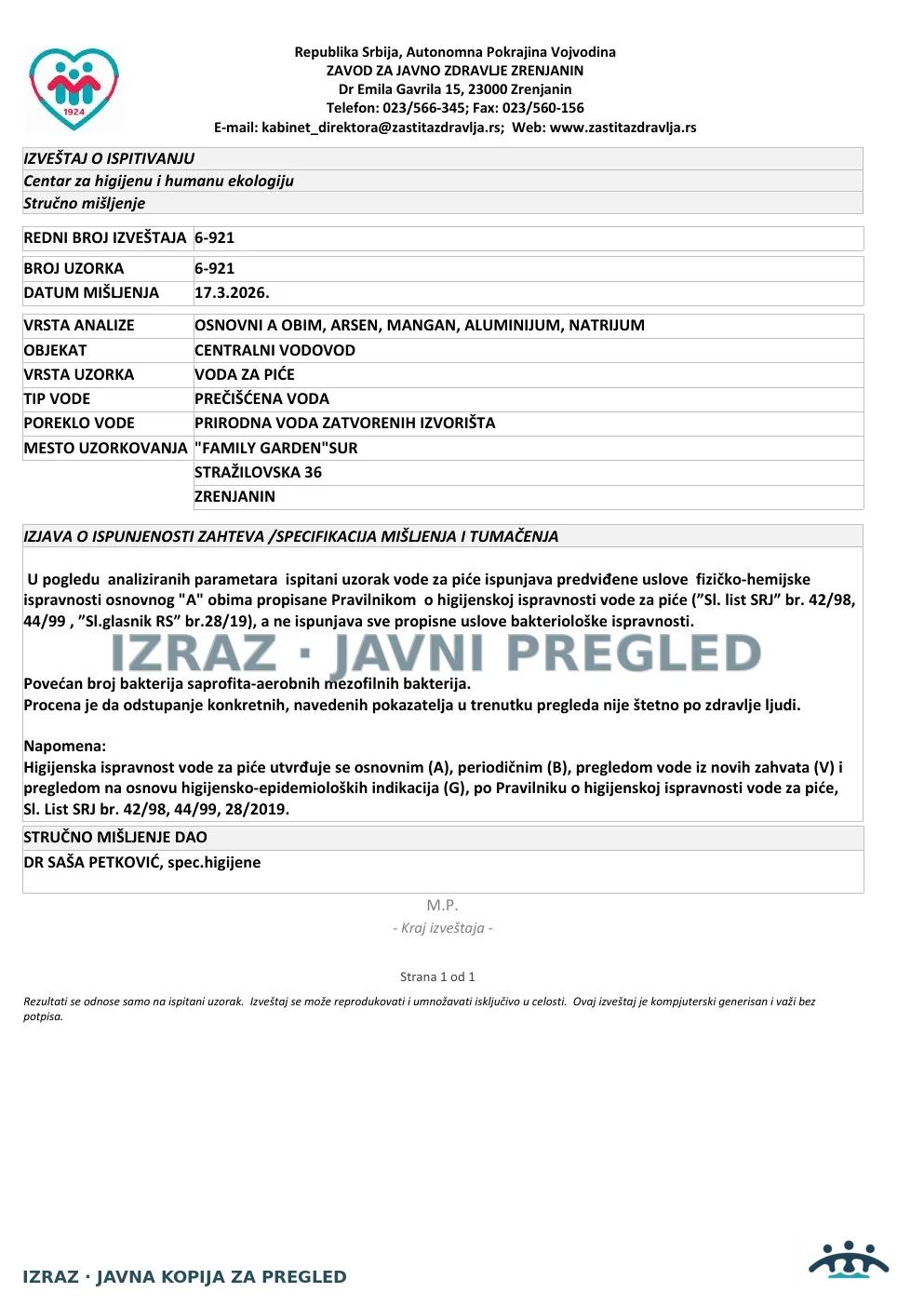 6-921 · Family Garden SUR, Stražilovska 36 · uzorak 10.03.2026. · Izveštaj i mišljenje, strana 5