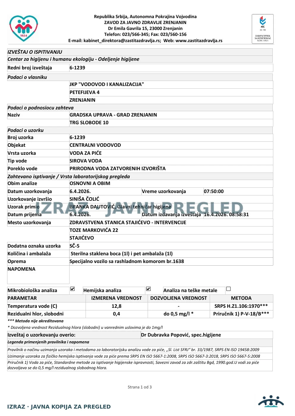 6-1239 · Stajićevo, Zdravstvena stanica — intervencije, Toze Markovića 22 · uzorak 06.04.2026. · Izveštaj i mišljenje, strana 1
