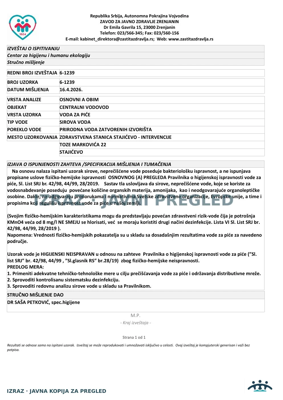 6-1239 · Stajićevo, Zdravstvena stanica — intervencije, Toze Markovića 22 · uzorak 06.04.2026. · Izveštaj i mišljenje, strana 4