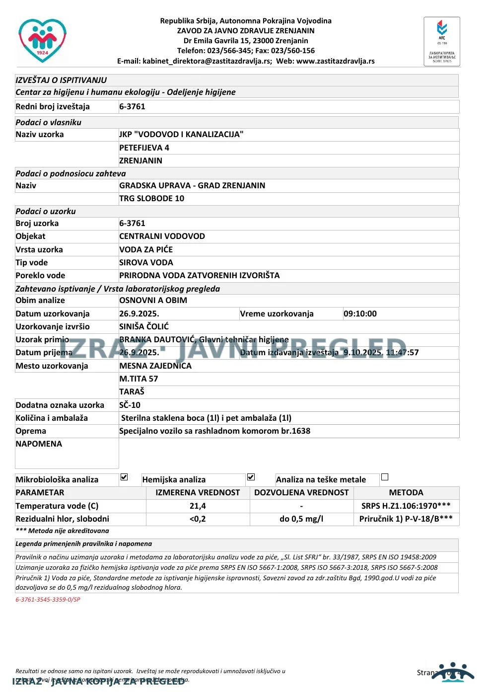 Izveštaj ZZJZ br. 3761 — Taraš: MESNA ZAJEDNICA (26.9.2025.) — neispravan, strana 1