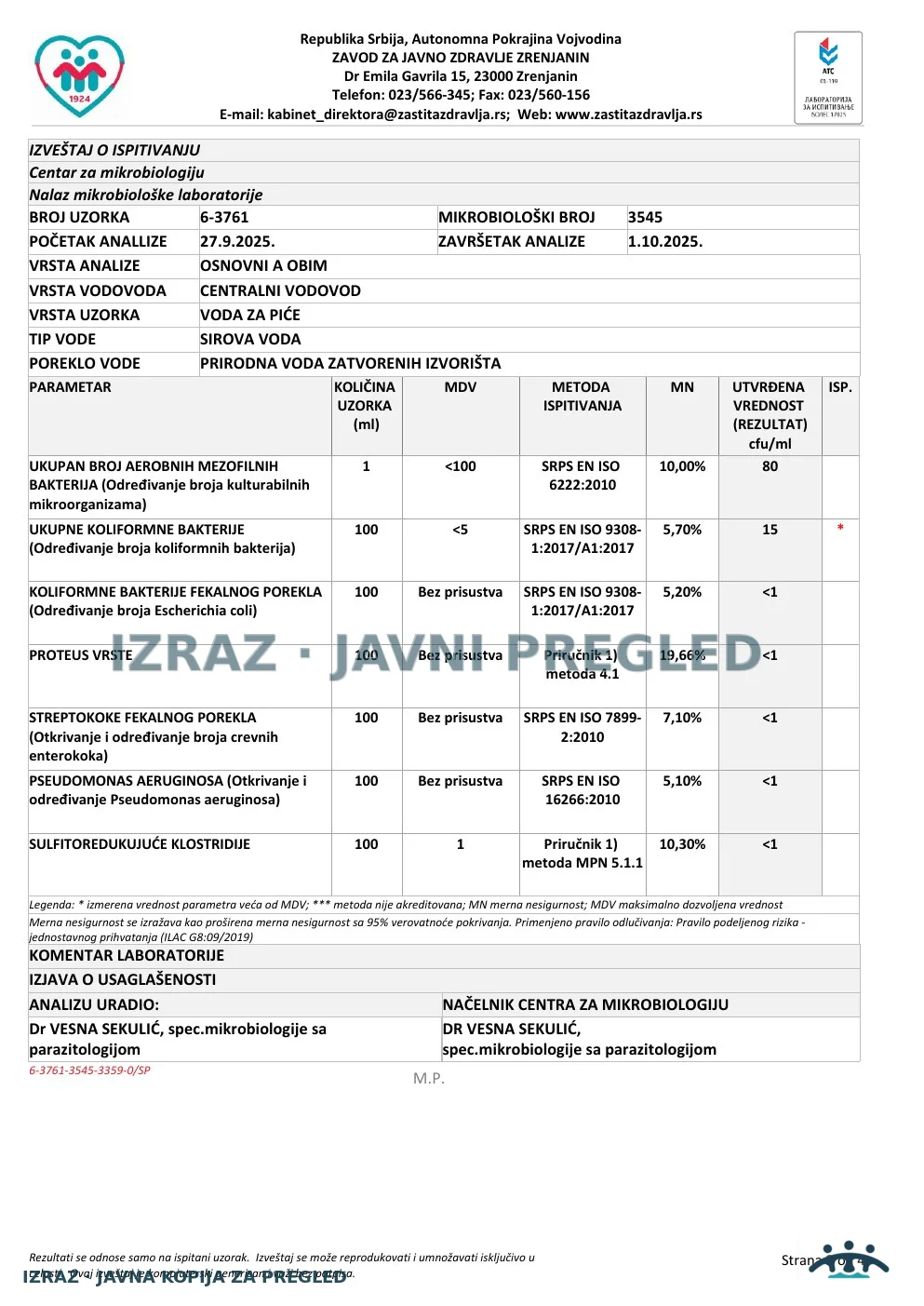 Izveštaj ZZJZ br. 3761 — Taraš: MESNA ZAJEDNICA (26.9.2025.) — neispravan, strana 2