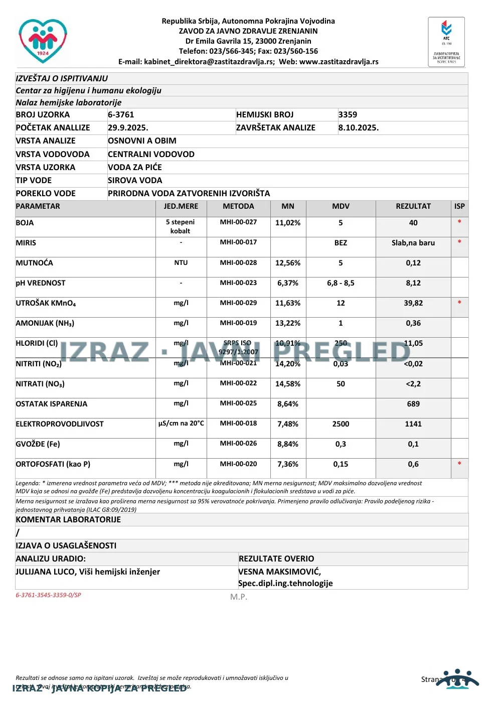 Izveštaj ZZJZ br. 3761 — Taraš: MESNA ZAJEDNICA (26.9.2025.) — neispravan, strana 3