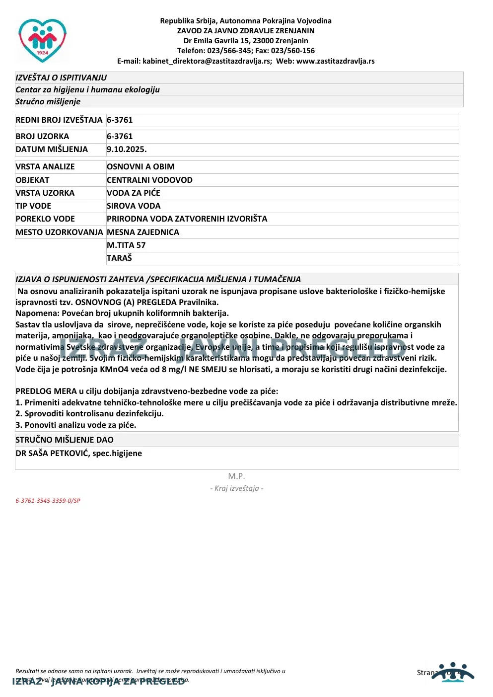 Izveštaj ZZJZ br. 3761 — Taraš: MESNA ZAJEDNICA (26.9.2025.) — neispravan, strana 4