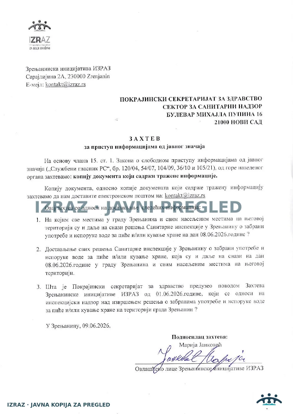IZRAZ-Zahtev za informacijom Pokrajinskom sekretarijatu 09.06.2026, strana 1