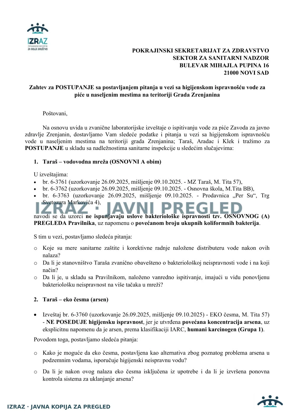 IZRAZ-Zahtev Sanitarnoj inspekciji 06.01.2026, strana 1