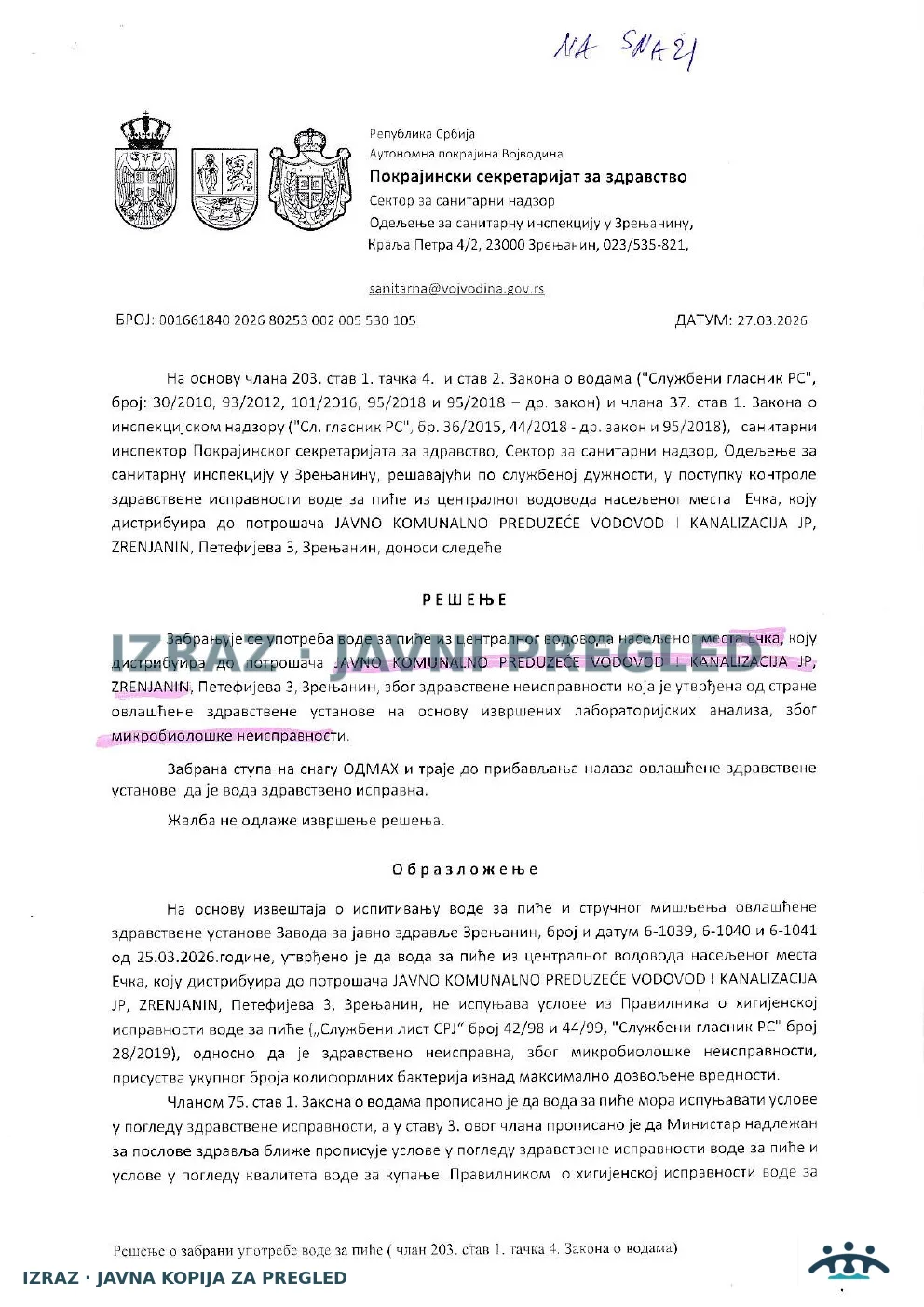 Zabrana vode za piće-Centralni vodovod ECKA-KOLIFORMNE BAKTERIJE-NA SNAZI 11.05.2026, strana 1