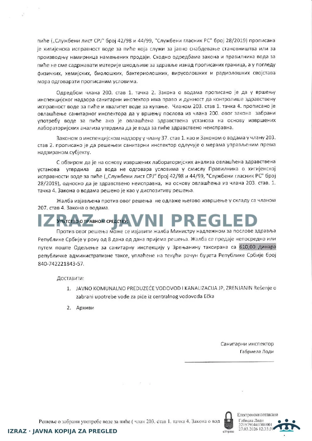 Zabrana vode za piće-Centralni vodovod ECKA-KOLIFORMNE BAKTERIJE-NA SNAZI 11.05.2026, strana 2
