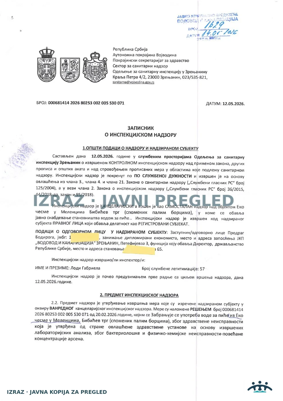 Zabrana vode za piće-EKO česma MELENCI-ISPRAVNA-SAMO AM BAKTERIJE 12.05.2026, strana 1
