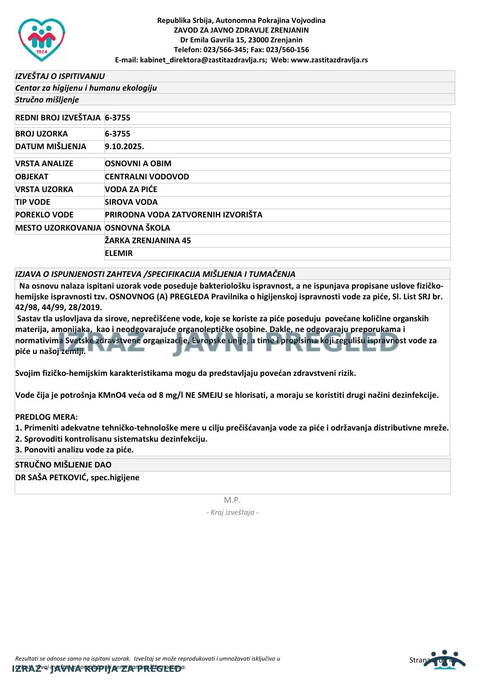 Izveštaj ZZJZ br. 3755 — Elemir: OSNOVNA ŠKOLA (26.9.2025.) — neispravan, strana 4