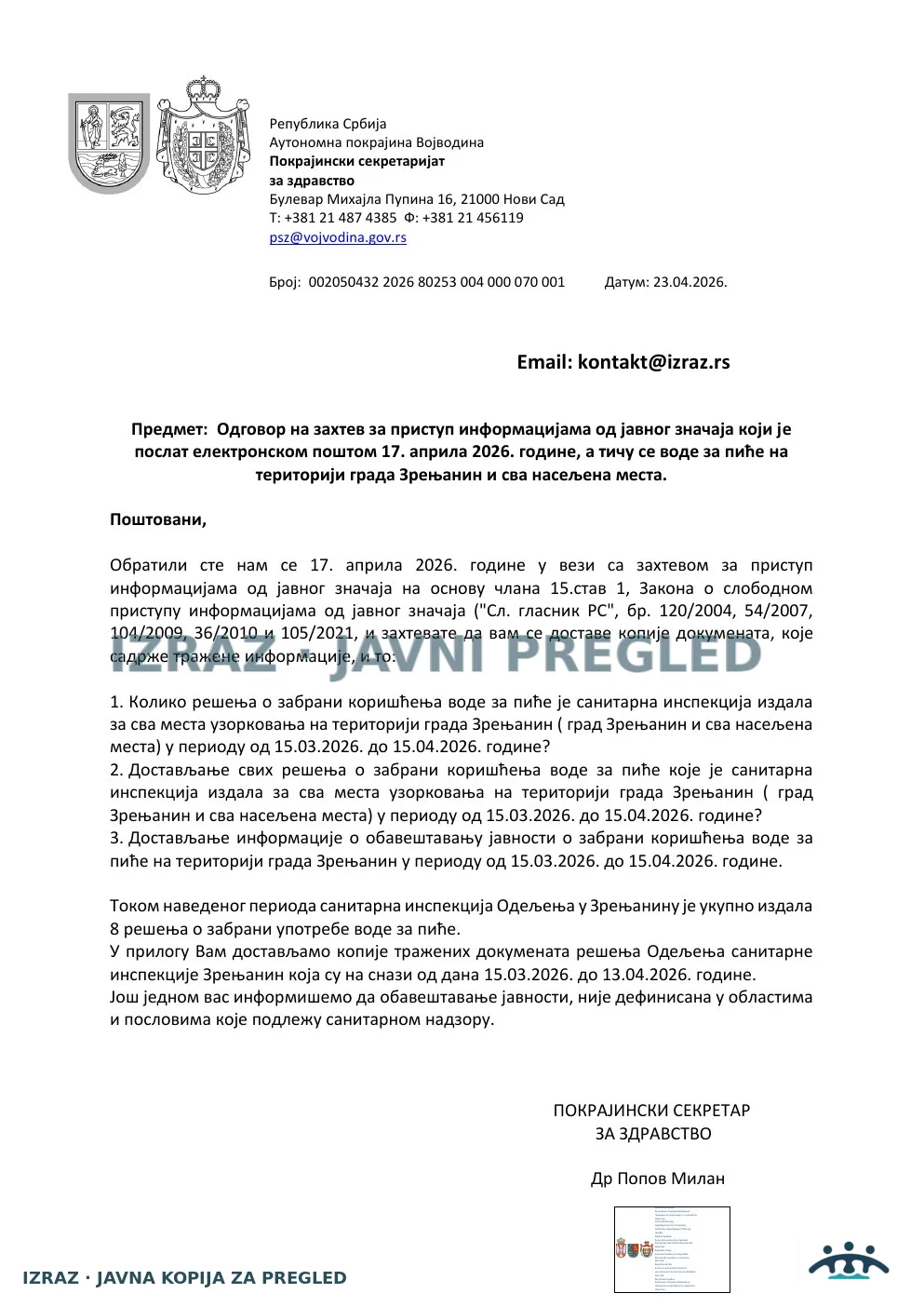 Zvanični odgovor Sanitarne inspekcije — dokument od 23.04.2026. (dostavljen kao odgovor 30.04.), strana 1
