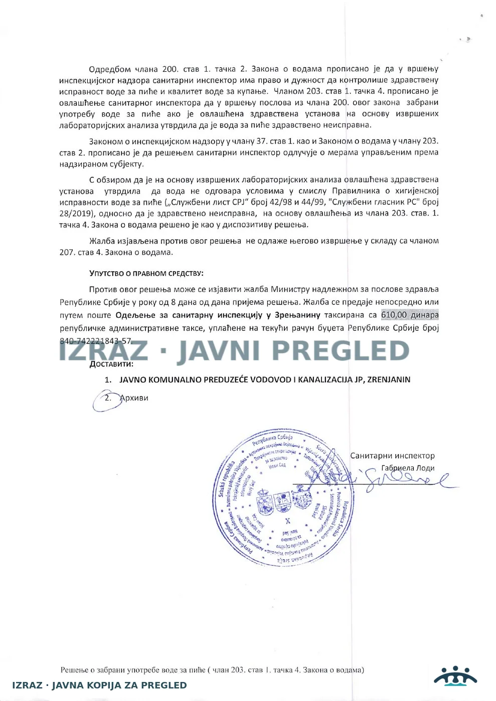 Zabrana vode za piće-EKO česma BELO BLATO-Amonijak 04.02.2026 VAN SNAGE 09.06.2026, strana 1