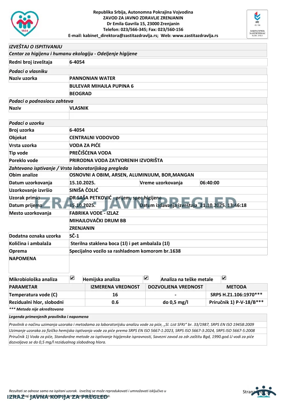 Izveštaj ZZJZ br. 4054 — Zrenjanin: FABRIKA VODE - IZLAZ (15.10.2025.) — ispravan, strana 1