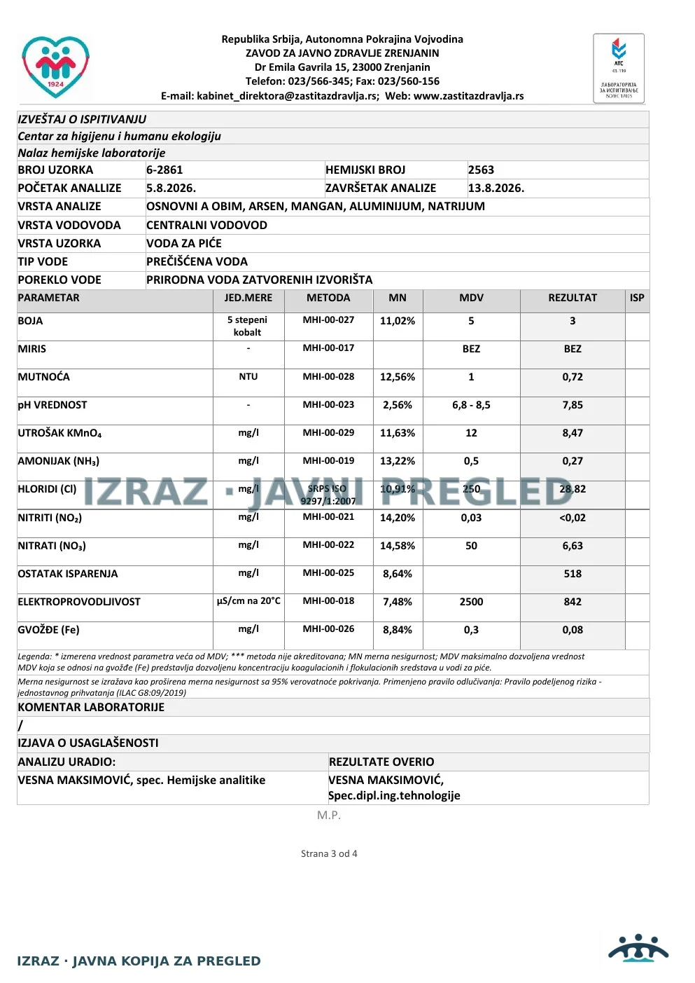 6-2861 · Naplatna služba JKP VIK, Brigadira Ristića bb · uzorak 05.08.2026. · Izveštaj i mišljenje, strana 3