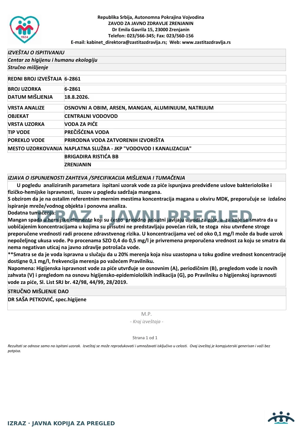 6-2861 · Naplatna služba JKP VIK, Brigadira Ristića bb · uzorak 05.08.2026. · Izveštaj i mišljenje, strana 5
