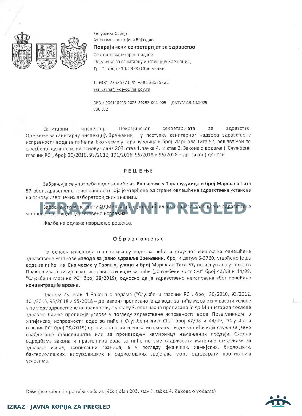 Zabrana vode za piće-EKO česma TARAS-ARSEN-13.10.2025, strana 1