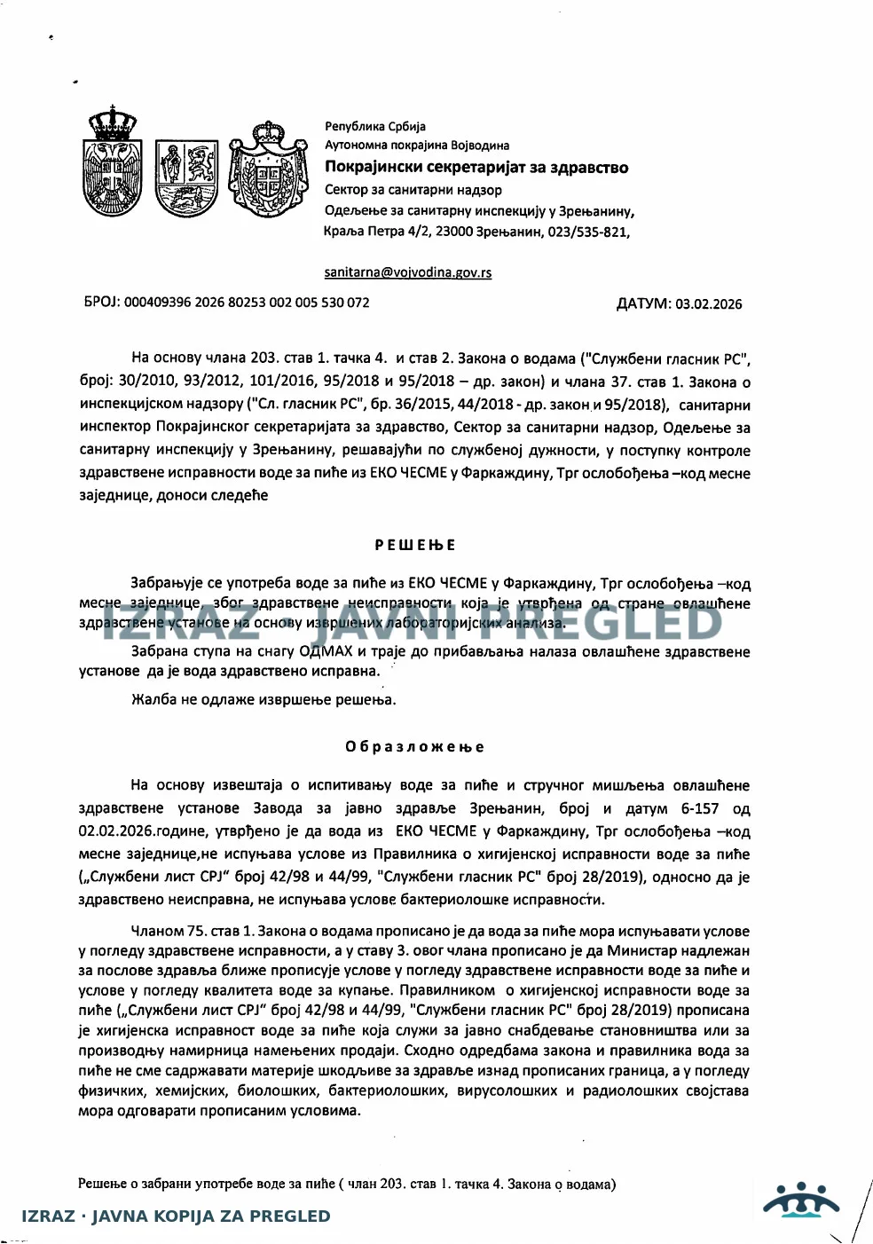 Farkaždin-Zabrana upotrebe-EKO ČESMA-BAKTERIOLOSKA NEISPRAVNOST 03.02.2026, strana 1