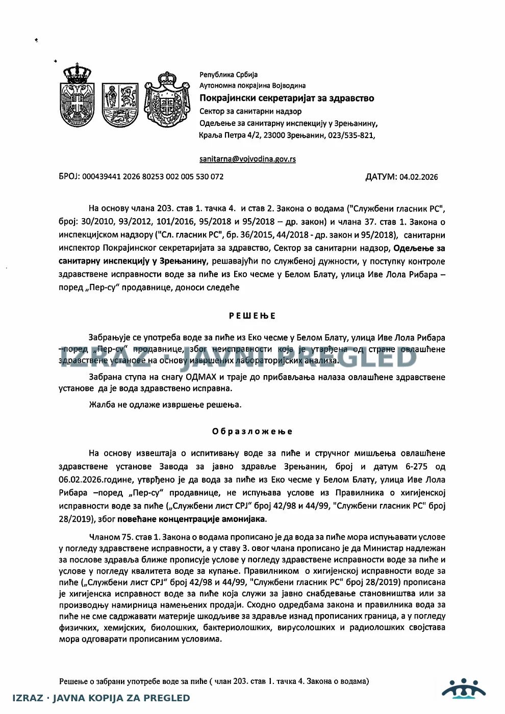 Belo Blato-Zabrana upotrebe-EKO ČESMA-AMONIJAK 04.02.2026, strana 1