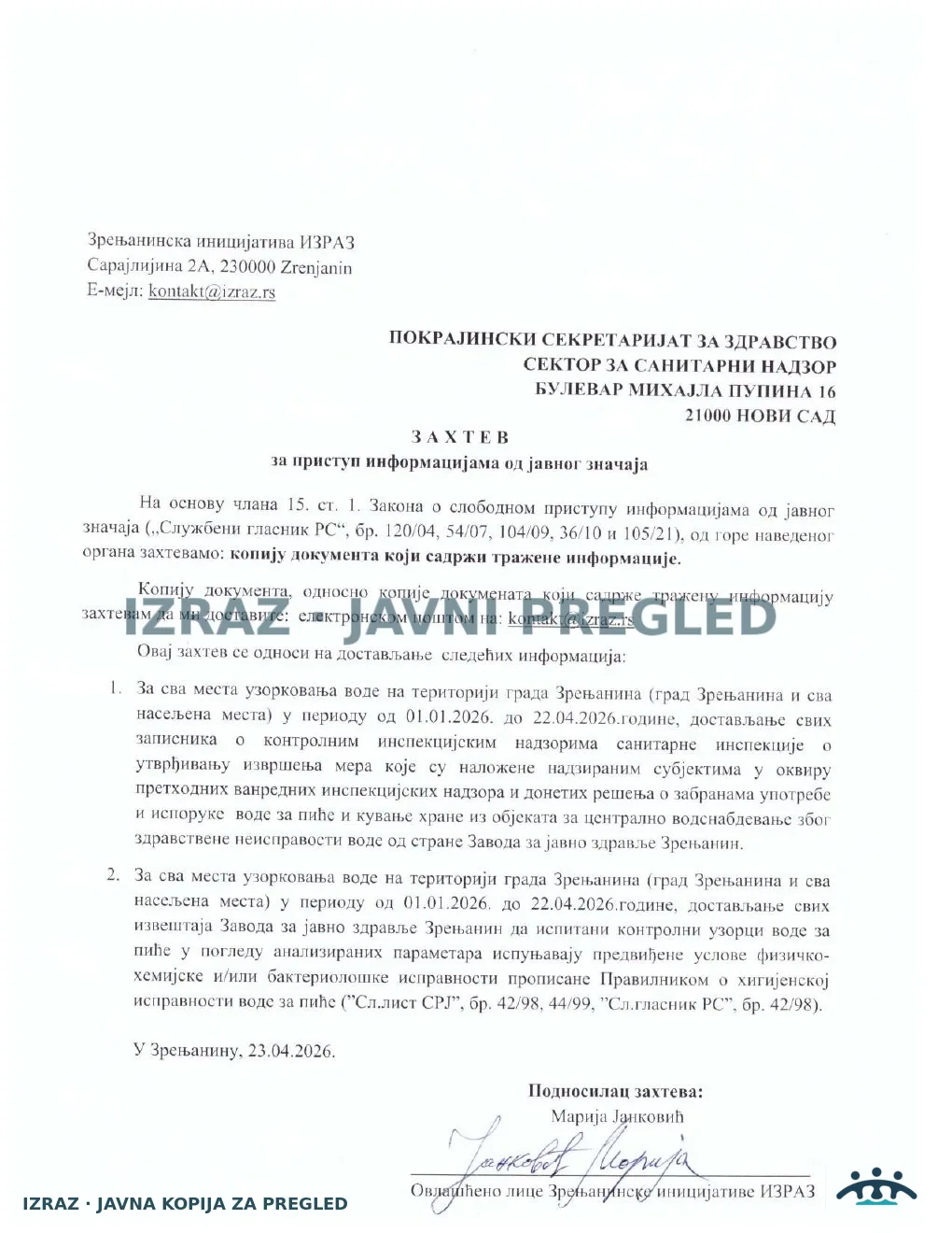 IZRAZ-Zahtev za informacijom Sanitarnoj inspekciji-KONTROLNI 23.04.2026, strana 1