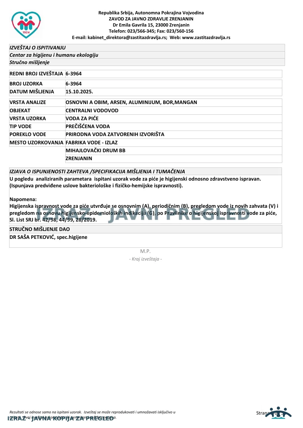 Izveštaj ZZJZ br. 3964 — Zrenjanin: FABRIKA VODE - IZLAZ (9.10.2025.) — ispravan, strana 5