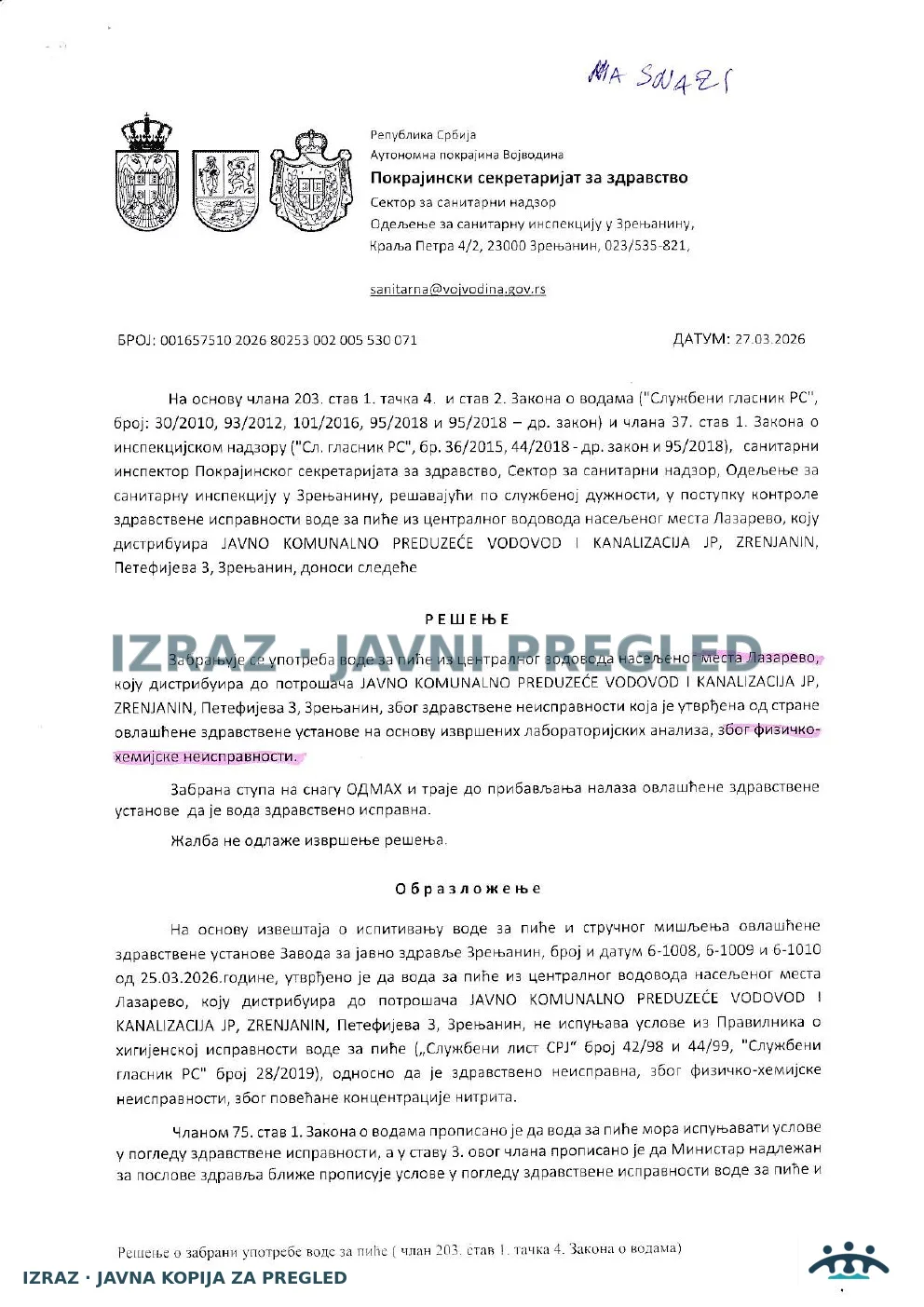 Zabrana vode za piće-Centralni vodovod LAZAREVO-NITRITI-NA SNAZI 11.05.2026, strana 1