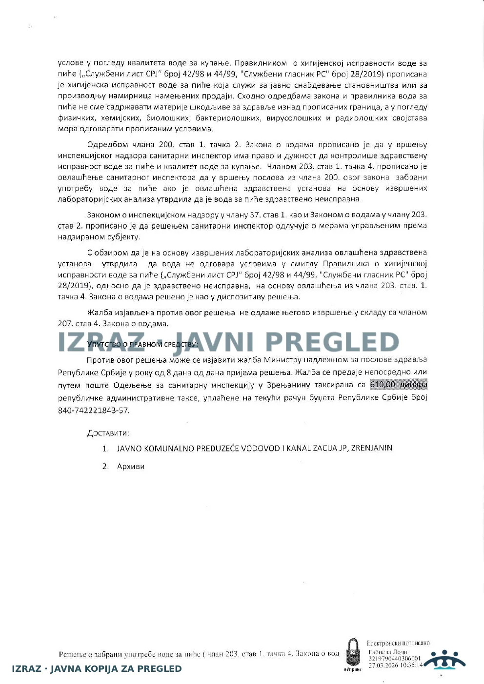 Zabrana vode za piće-Centralni vodovod LAZAREVO-NITRITI-NA SNAZI 11.05.2026, strana 2