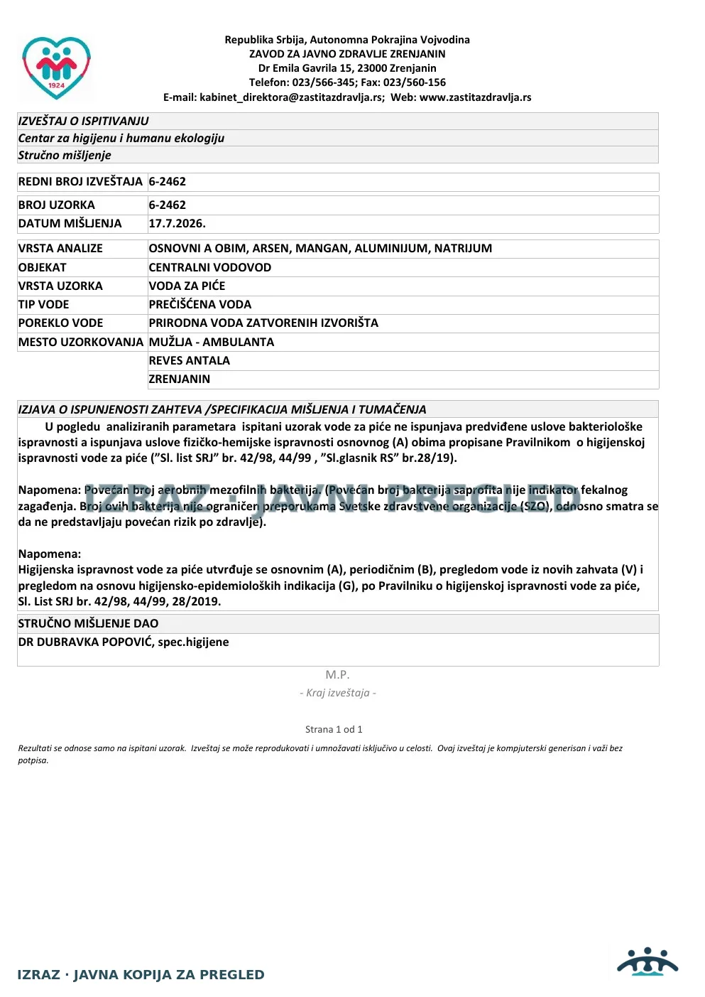 6-2462 · Ambulanta Mužlja, Reveš Antala · uzorak 06.07.2026. · Izveštaj i mišljenje, strana 5