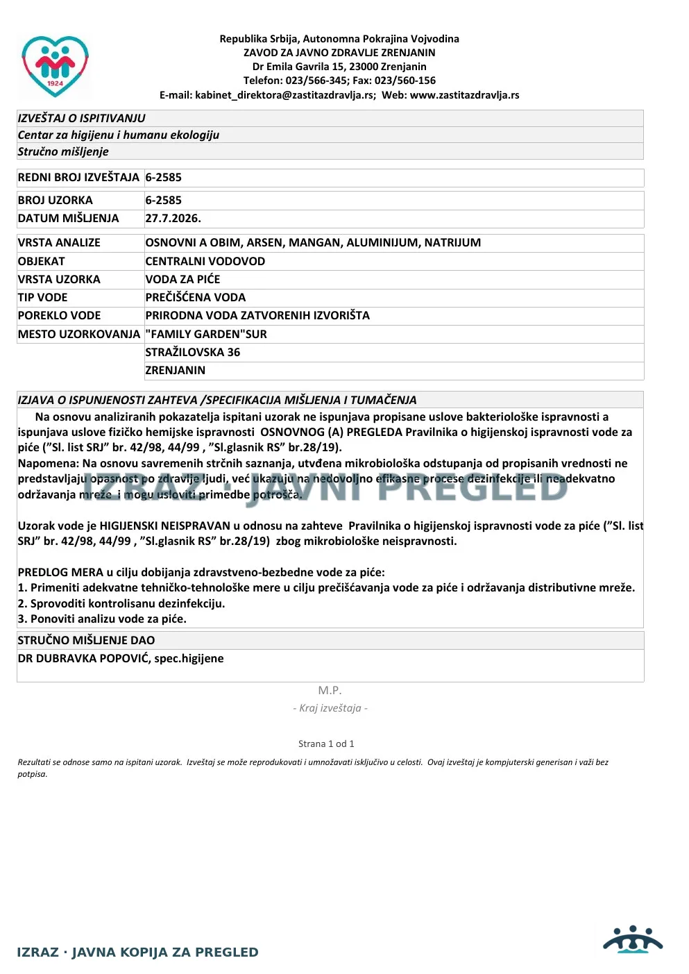 6-2585 · Family Garden SUR, Stražilovska 36 · uzorak 14.07.2026. · Izveštaj i mišljenje, strana 5