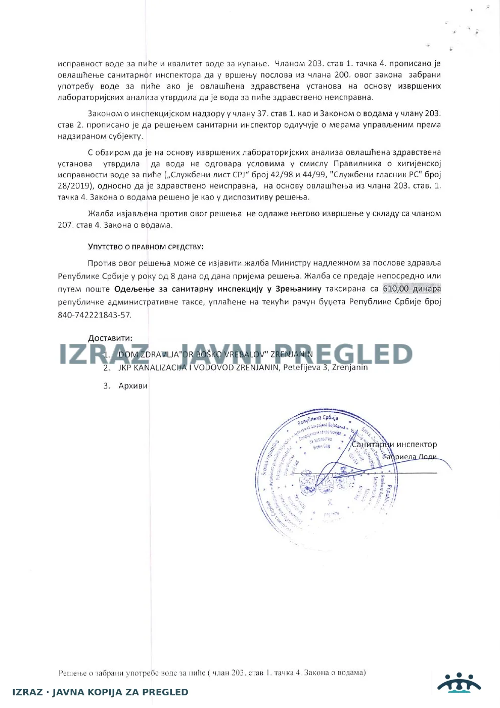 Zabrana vode za piće-Zdravstvena stanica KLEK-Pseudomonas aeruginosa 26.01.2026, strana 1
